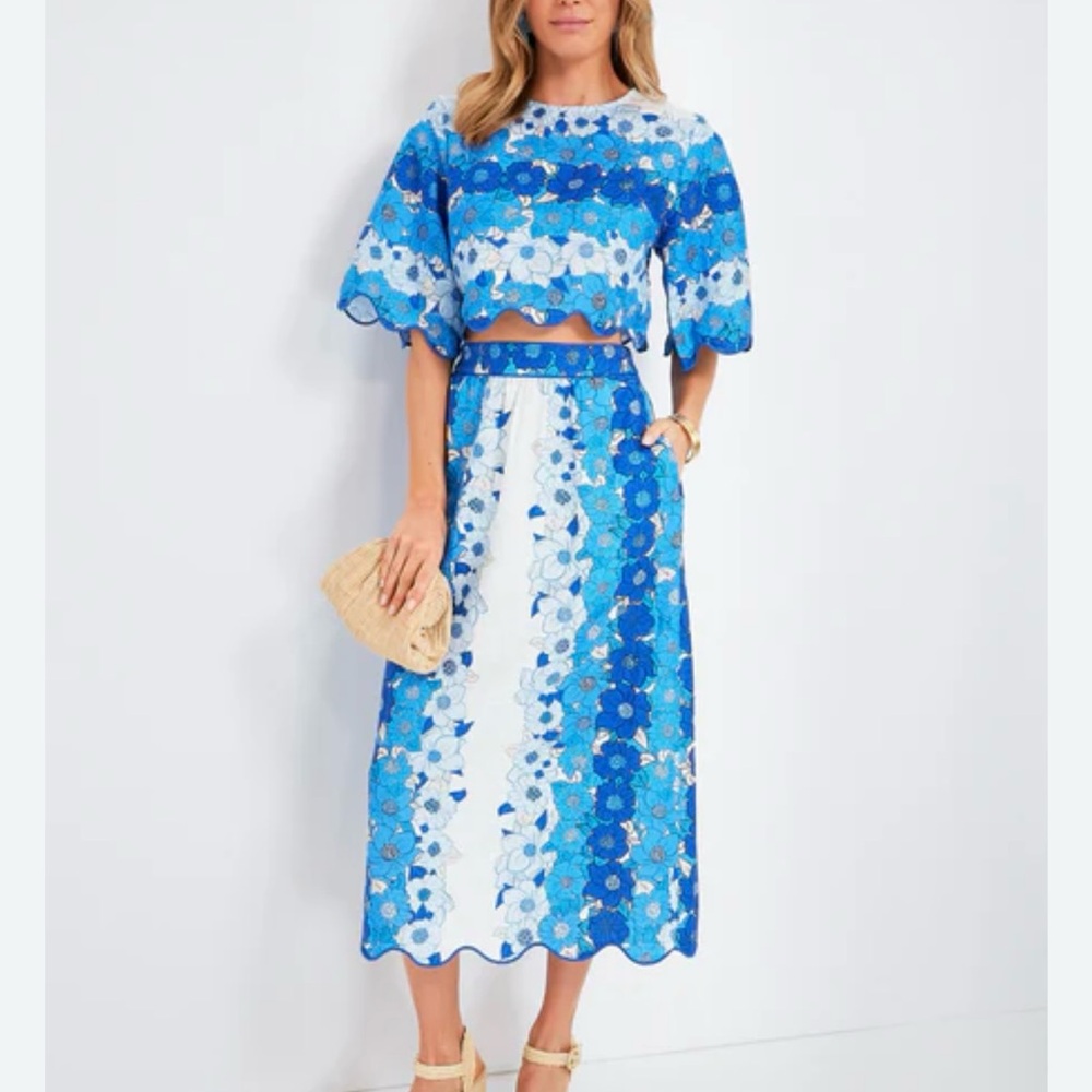FARM Rio Blue and White Midi Skirt Set Resort Wear